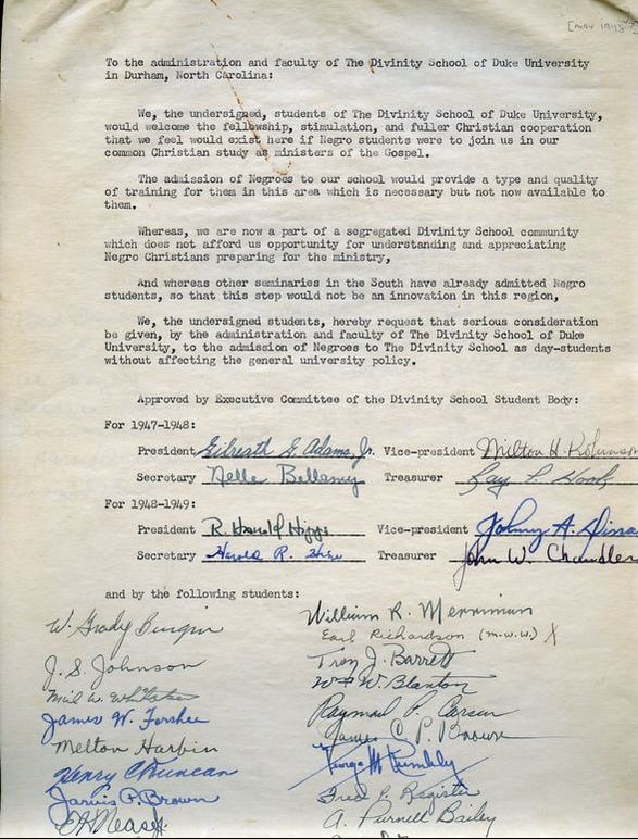 1948 petition by Divinity School student body to desegregate Duke